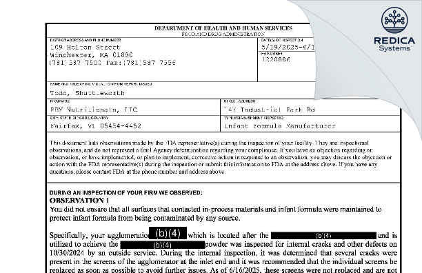 FDA 483 - PBM Nutritionals, LLC [Fairfax / United States of America] - Download PDF - Redica Systems