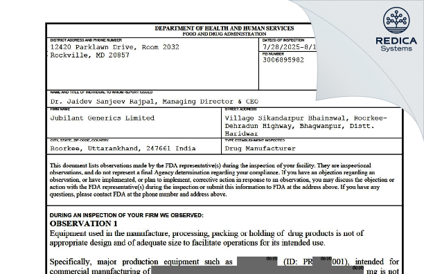 FDA 483 - Jubilant Generics Limited [Roorkee / India] - Download PDF - Redica Systems