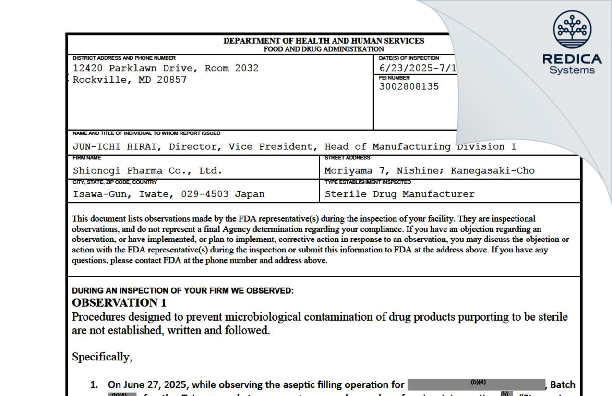 FDA 483 - Shionogi Pharma Co., Ltd. [Nishine / Japan] - Download PDF - Redica Systems