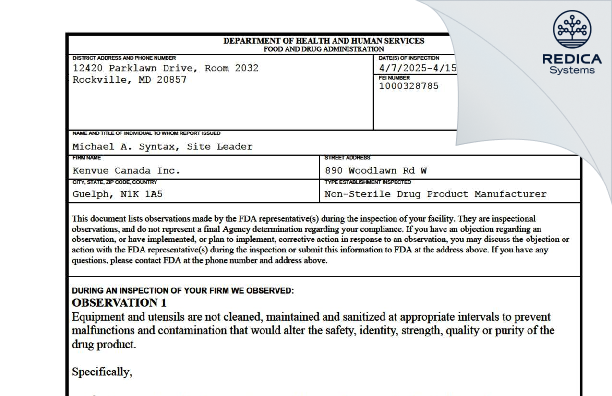 FDA 483 - Johnson & Johnson Inc. [Guelph / Canada] - Download PDF - Redica Systems