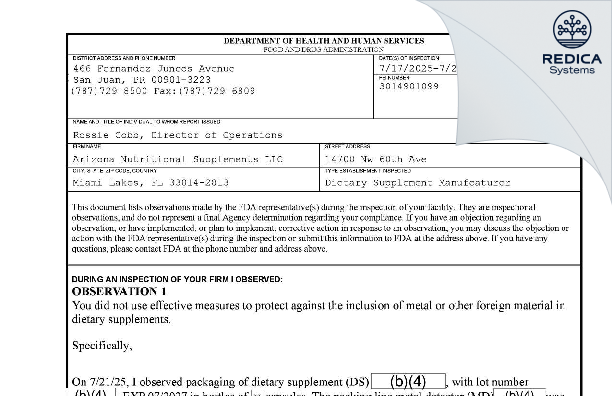 FDA 483 - Arizona Nutritional Supplements LLC [Miami Lakes / United States of America] - Download PDF - Redica Systems