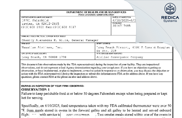 FDA 483 - Hawaiian Airlines [Long Beach / United States of America] - Download PDF - Redica Systems