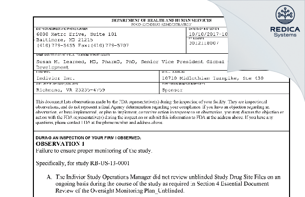 FDA 483 - Indivior, Inc. [North Chesterfield / United States of America] - Download PDF - Redica Systems