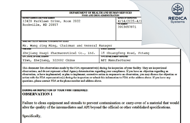 FDA 483 - Zhejiang Huayi Pharmaceutical Co., Ltd. [Shuangfeng / China] - Download PDF - Redica Systems