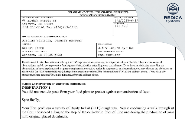 FDA 483 - Krispy Kreme Donuts #14 [Concord / United States of America] - Download PDF - Redica Systems