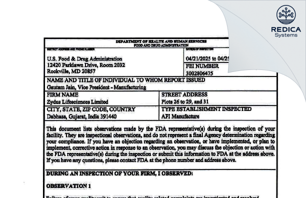 FDA 483 - ZYDUS LIFESCIENCES LIMITED [Padra / India] - Download PDF - Redica Systems