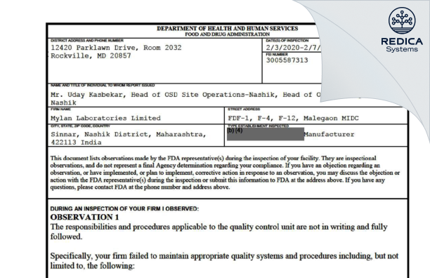 FDA 483 - Mylan Laboratories Limited [Sinnar / India] - Download PDF - Redica Systems