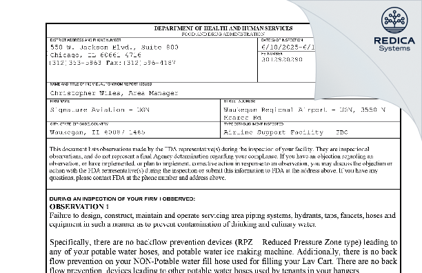 FDA 483 - Signature Aviation - UGN [Waukegan / United States of America] - Download PDF - Redica Systems
