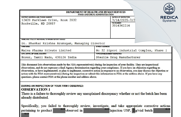 FDA 483 - Maiva Pharma Private Limited [Sriperumbudur / India] - Download PDF - Redica Systems