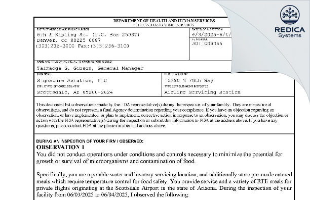 FDA 483 - Signature Aviation, LLC [Scottsdale / United States of America] - Download PDF - Redica Systems