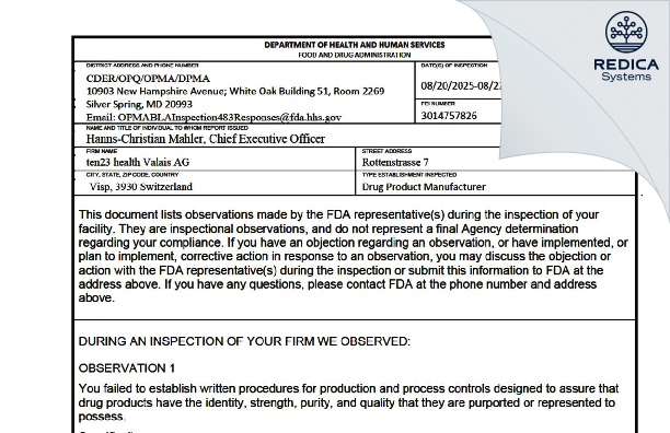 FDA 483 - ten23 health Valais AG [Visp / Switzerland] - Download PDF - Redica Systems