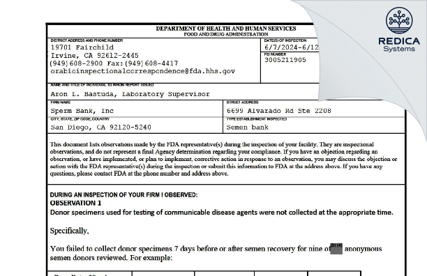 FDA 483 - Sperm Bank, Inc [San Diego / United States of America] - Download PDF - Redica Systems