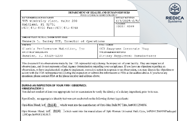 FDA 483 - Glanbia Performance Nutrition (Manufacturing), Inc [Sunrise / United States of America] - Download PDF - Redica Systems