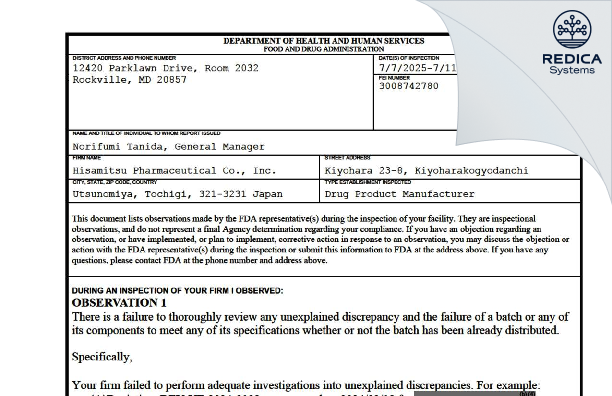 FDA 483 - Hisamitsu Pharmaceutical Co., Inc. [Kiyoharakogyodanchi / Japan] - Download PDF - Redica Systems
