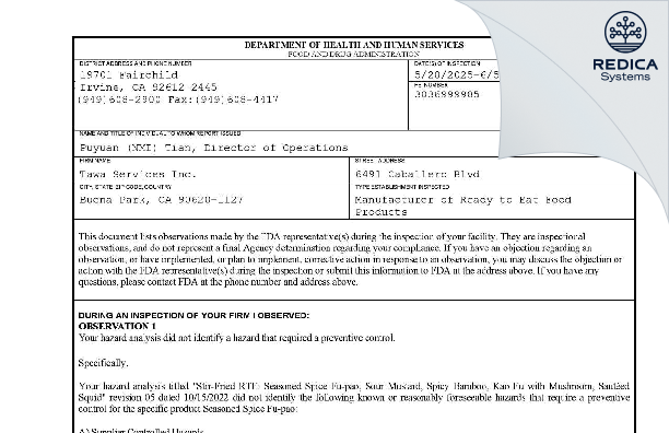 FDA 483 - Tawa Services Inc. [Buena Park / United States of America] - Download PDF - Redica Systems