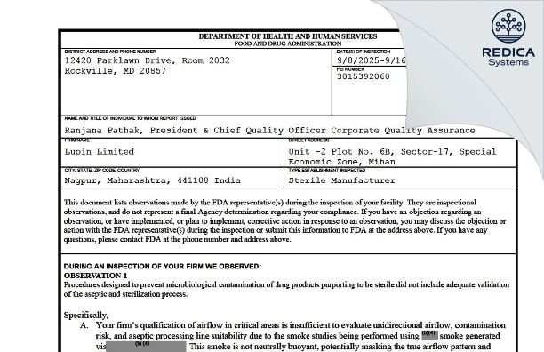 FDA 483 - LUPIN LIMITED [Nagpur / India] - Download PDF - Redica Systems
