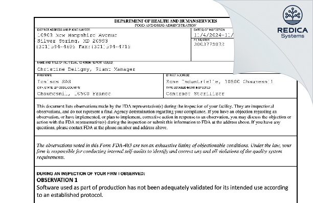 FDA 483 - Ionisos [Brienne-Le-Château / France] - Download PDF - Redica Systems
