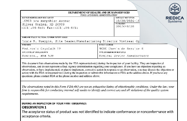 FDA 483 - Medtronic CryoCath LP [Pointe-Claire / Canada] - Download PDF - Redica Systems