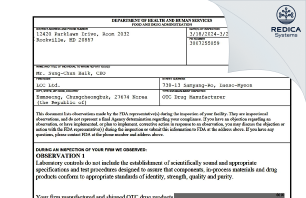 FDA 483 - LCC LTD [Daeso-Myeon / Korea (Republic of)] - Download PDF - Redica Systems