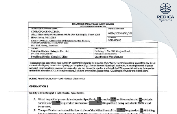 FDA 483 - Shanghai Henlius Biologics Co.,Ltd [Songjiang / China] - Download PDF - Redica Systems