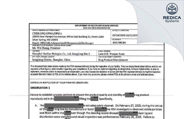 FDA 483 - Shanghai Henlius Biologics Co., Ltd. Songjiang Site 2 [Shanghai / China] - Download PDF - Redica Systems
