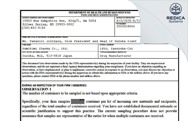 FDA 483 - Sumitomo Pharma Co., Ltd. [Yasuzukacho / Japan] - Download PDF - Redica Systems