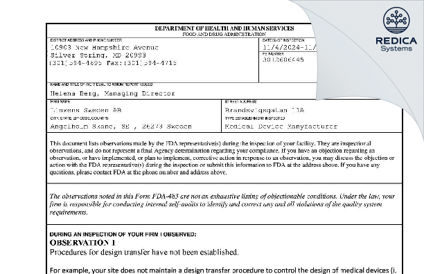 FDA 483 - NILE AB [Ängelholm / Sweden] - Download PDF - Redica Systems