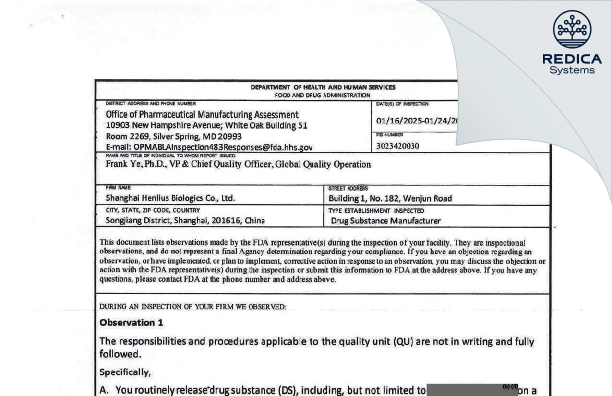 FDA 483 - Shanghai Henlius Biologics Co.,Ltd [Songjiang / China] - Download PDF - Redica Systems