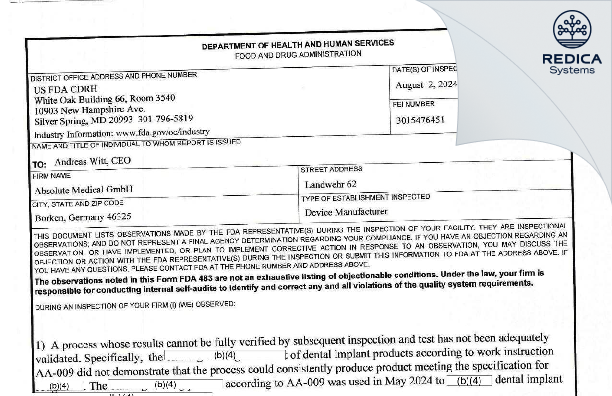 FDA 483 - ABSOLUTE MEDICAL GMBH [Borken / Germany] - Download PDF - Redica Systems