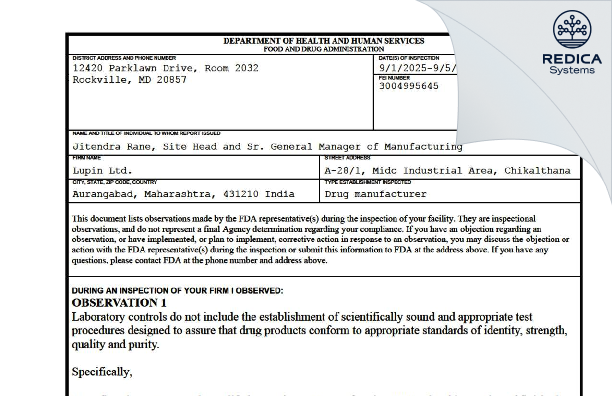 FDA 483 - LUPIN LIMITED [Aurangabad / India] - Download PDF - Redica Systems
