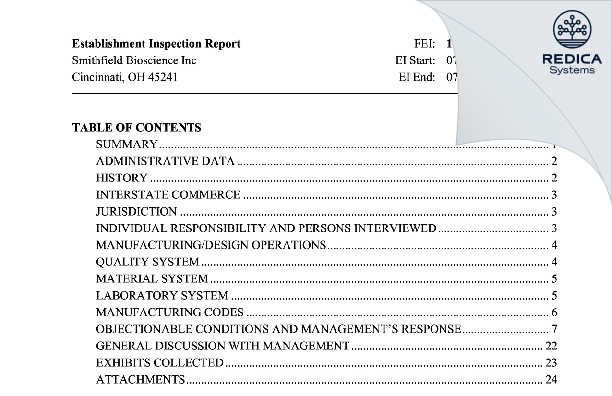 EIR - Smithfield BioScience, Inc. [Cincinnati / United States of America] - Download PDF - Redica Systems