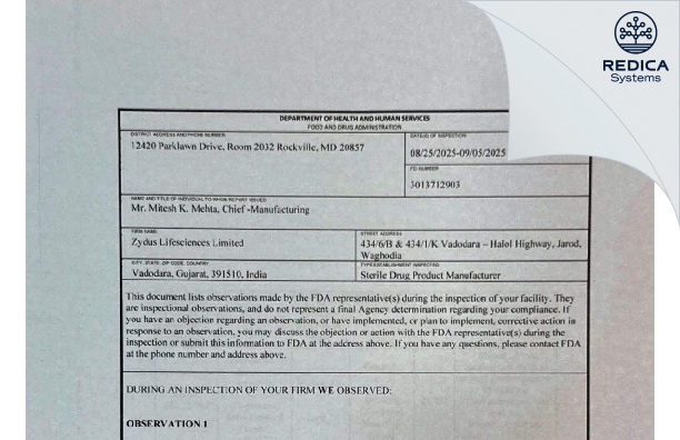 FDA 483 - Zydus Lifesciences Limited [Waghodia / India] - Download PDF - Redica Systems