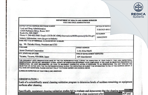 FDA 483 - Juzen Chemical Corporation [Kibamachi / Japan] - Download PDF - Redica Systems