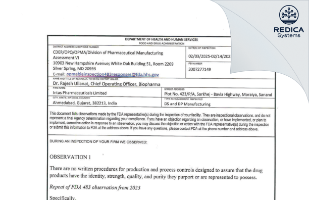 FDA 483 - Intas Pharmaceuticals Limited [Sanand / India] - Download PDF - Redica Systems