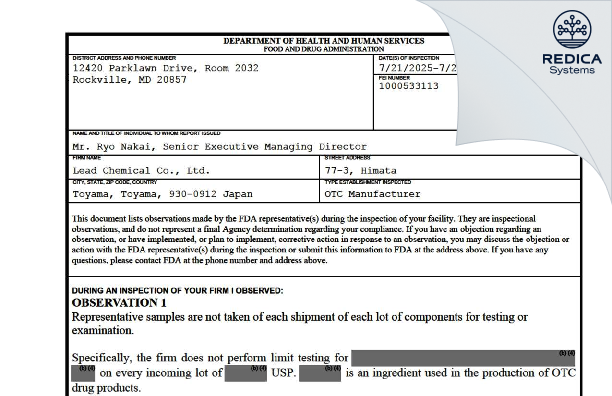 FDA 483 - Lead Chemical Co., Ltd. [Himata / Japan] - Download PDF - Redica Systems