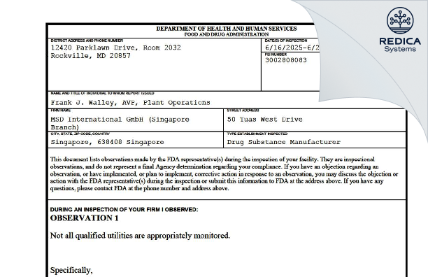 FDA 483 - MSD International GmbH (Singapore Branch) [Singapore / Singapore] - Download PDF - Redica Systems