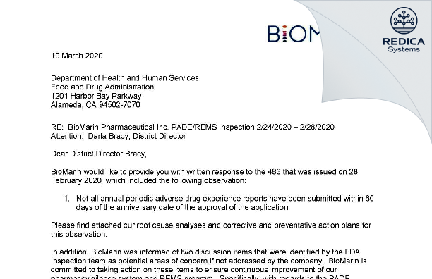 FDA 483 Response - BioMarin Pharmaceutical Inc. [San Rafael / United States of America] - Download PDF - Redica Systems