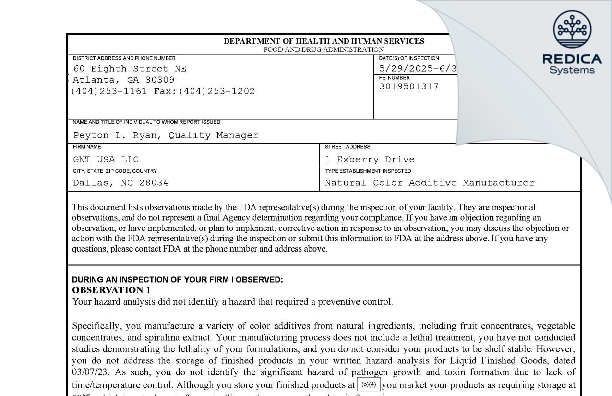 FDA 483 - GNT USA [Dallas / United States of America] - Download PDF - Redica Systems