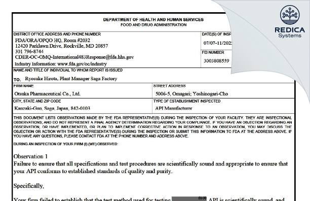 FDA 483 - Otsuka Pharmaceutical Co., Ltd. [Omagari / Japan] - Download PDF - Redica Systems