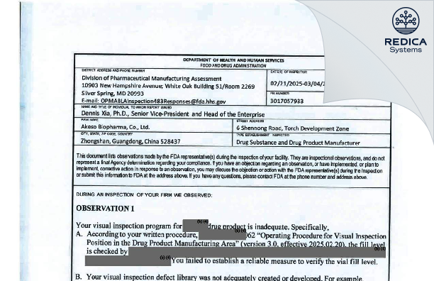 FDA 483 - Akeso Biopharma Co., Ltd. [Xiangshan / China] - Download PDF - Redica Systems
