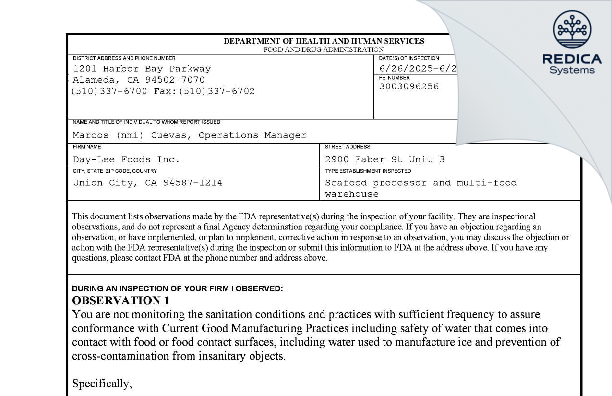 FDA 483 - Day-Lee Foods Inc. [Union City / United States of America] - Download PDF - Redica Systems