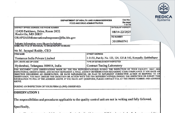 FDA 483 - TENTAMUS INDIA PRIVATE LIMITED [Hyderabad / India] - Download PDF - Redica Systems
