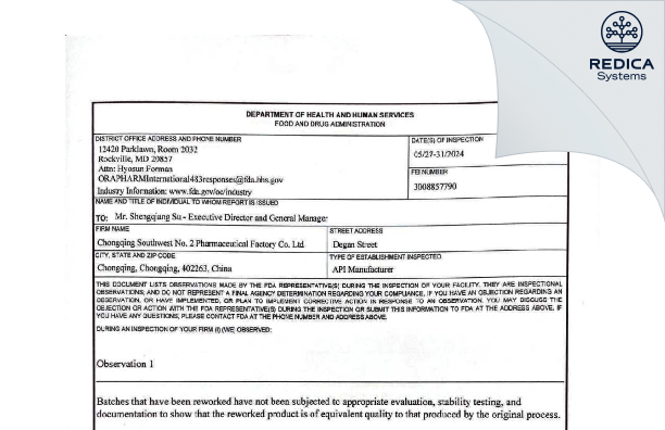 FDA 483 - CHONGQING SOUTHWEST NO.2 PHARMACEUTICAL FACTORY CO.,LTD. [Jiangjin District / China] - Download PDF - Redica Systems