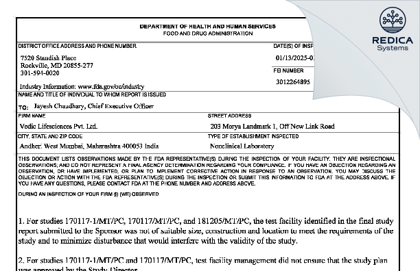 FDA 483 - Vedic Lifesciences Pvt Ltd [Mumbai / India] - Download PDF - Redica Systems