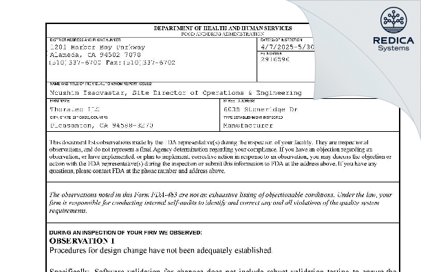 FDA 483 - Thoratec Corp. [Pleasanton / United States of America] - Download PDF - Redica Systems