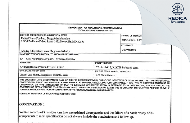 FDA 483 - Cdymax (India) Pharma Private Limited [Bengaluru / India] - Download PDF - Redica Systems