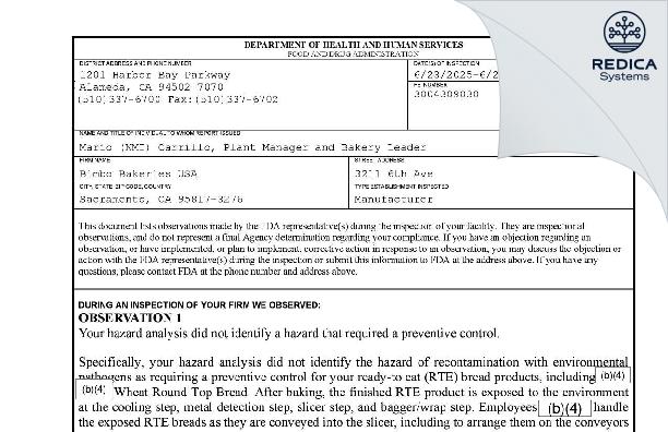 FDA 483 - Bimbo Bakeries USA [Sacramento / United States of America] - Download PDF - Redica Systems