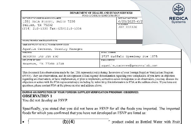 FDA 483 - GENOMMA LAB USA INC [Houston / United States of America] - Download PDF - Redica Systems