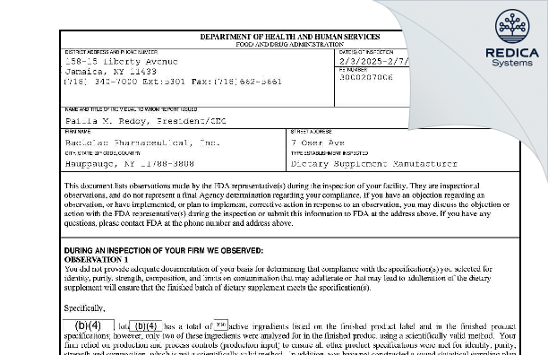 FDA 483 - Bactolac Pharmaceutical, Inc. [Hauppauge / United States of America] - Download PDF - Redica Systems