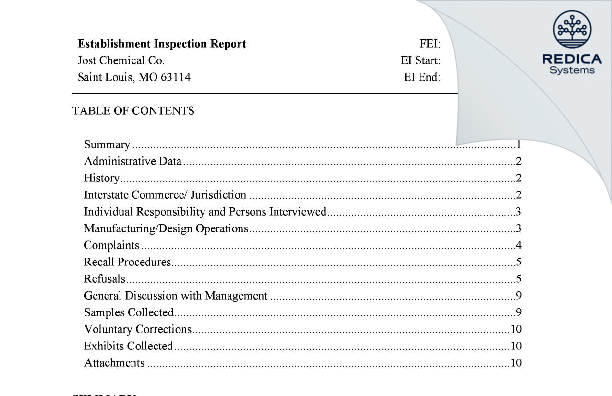 EIR - Jost Chemical Co. [Saint Louis / United States of America] - Download PDF - Redica Systems